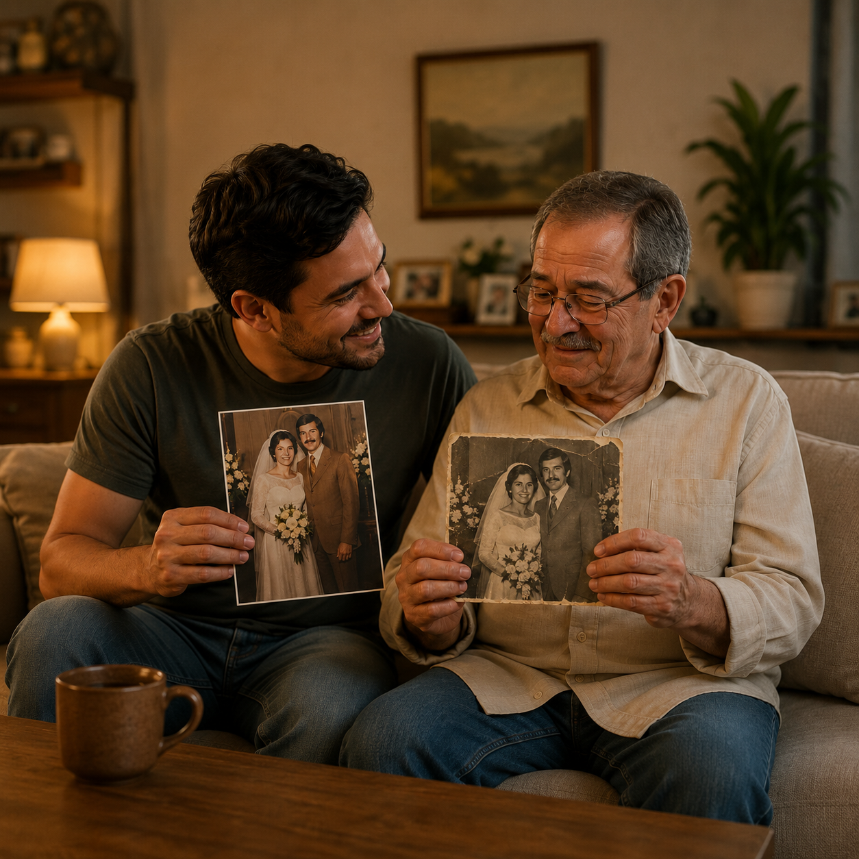 Pai e filho sorrindo ao comparar a foto de casamento restaurada